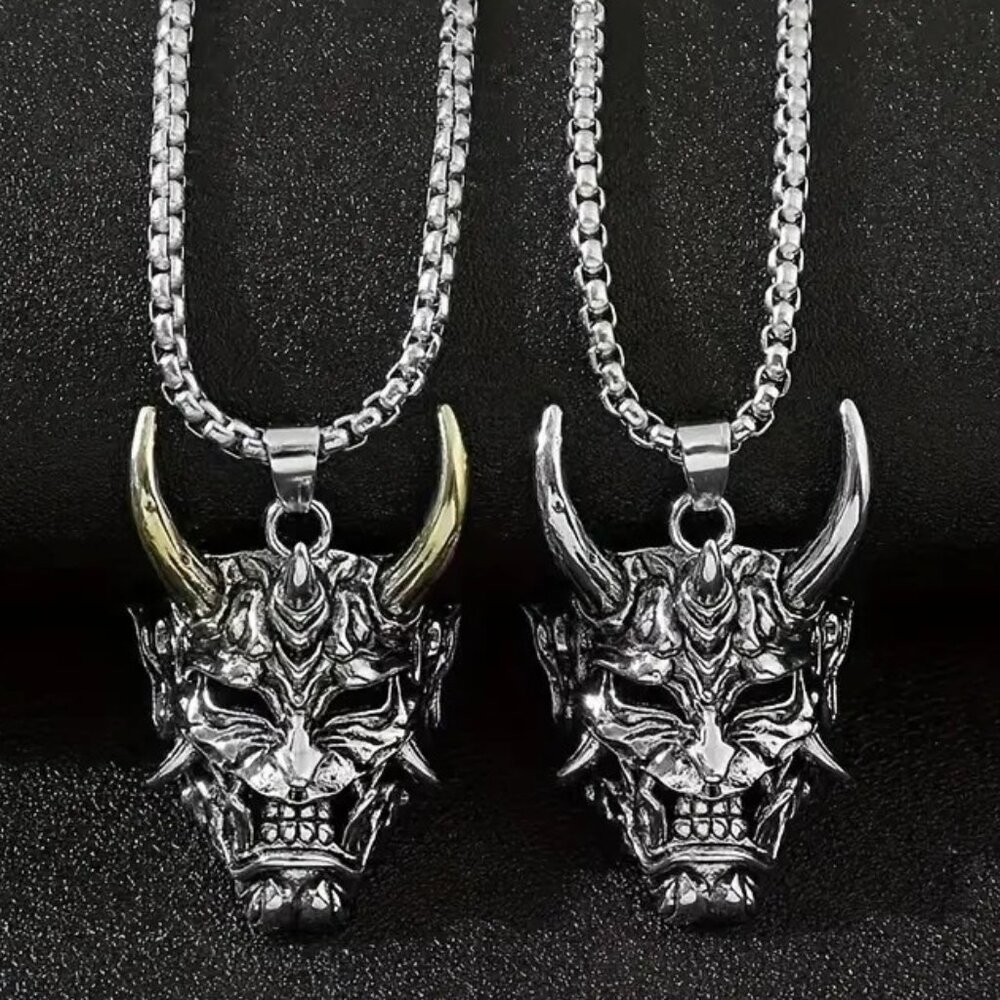 Horned Demon Devil Mask Necklace Pendant Stainless Gothic Punk Edgy Rock Chain